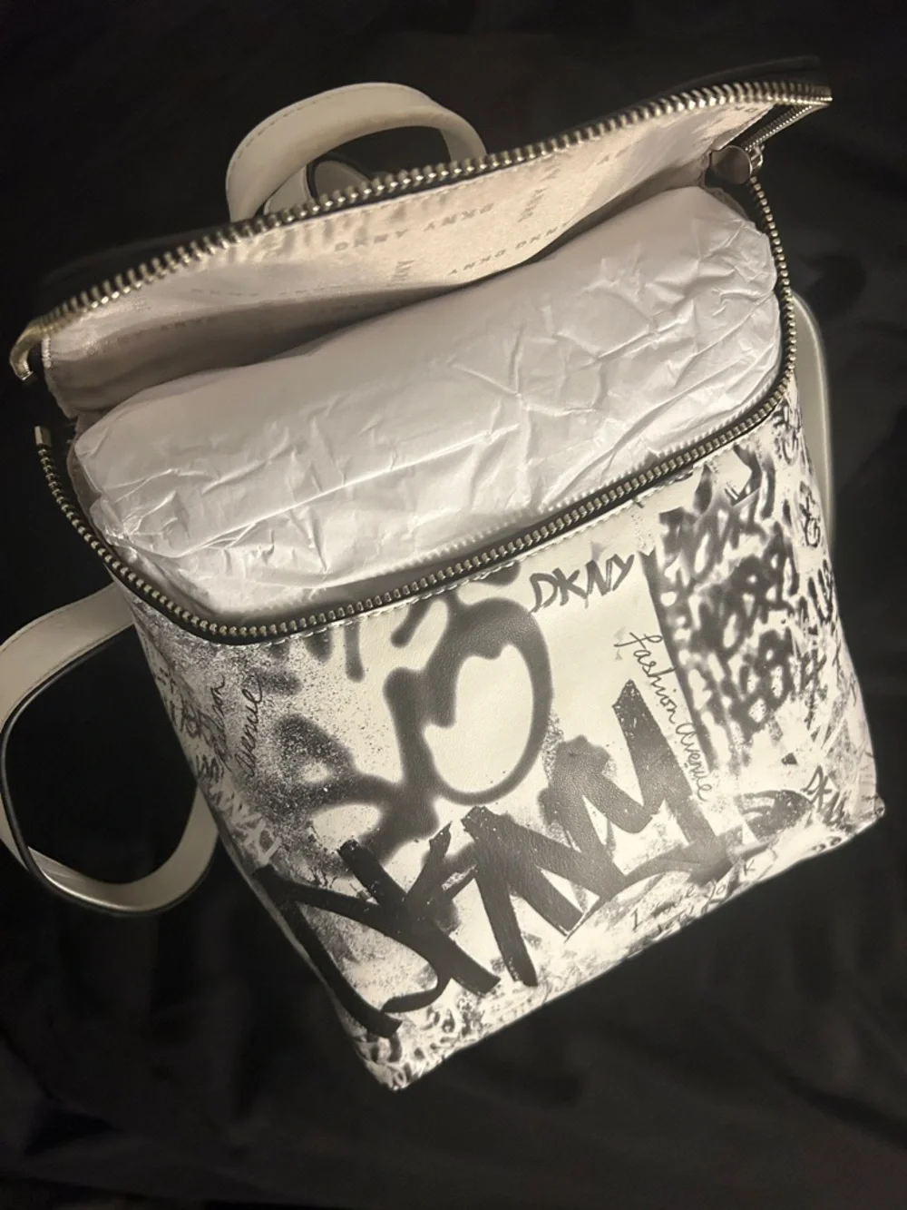 DKNY White and Black Graffiti Print Leather Backpack